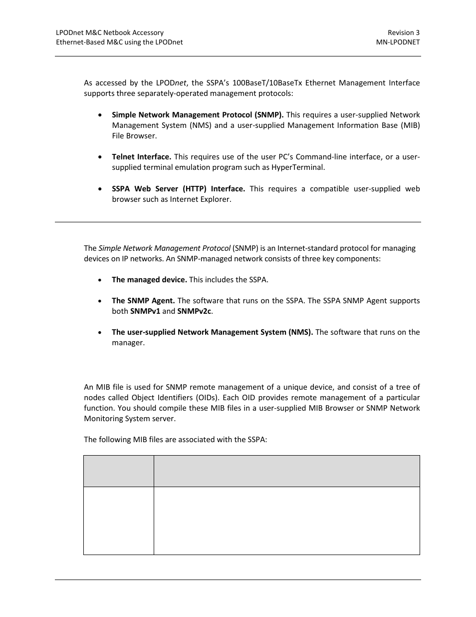 3 sspa ethernet management interface protocols, 4 sspa snmp interface, 1 sspa management information base (mib) files | Comtech EF Data LPODnet User Manual | Page 32 / 60