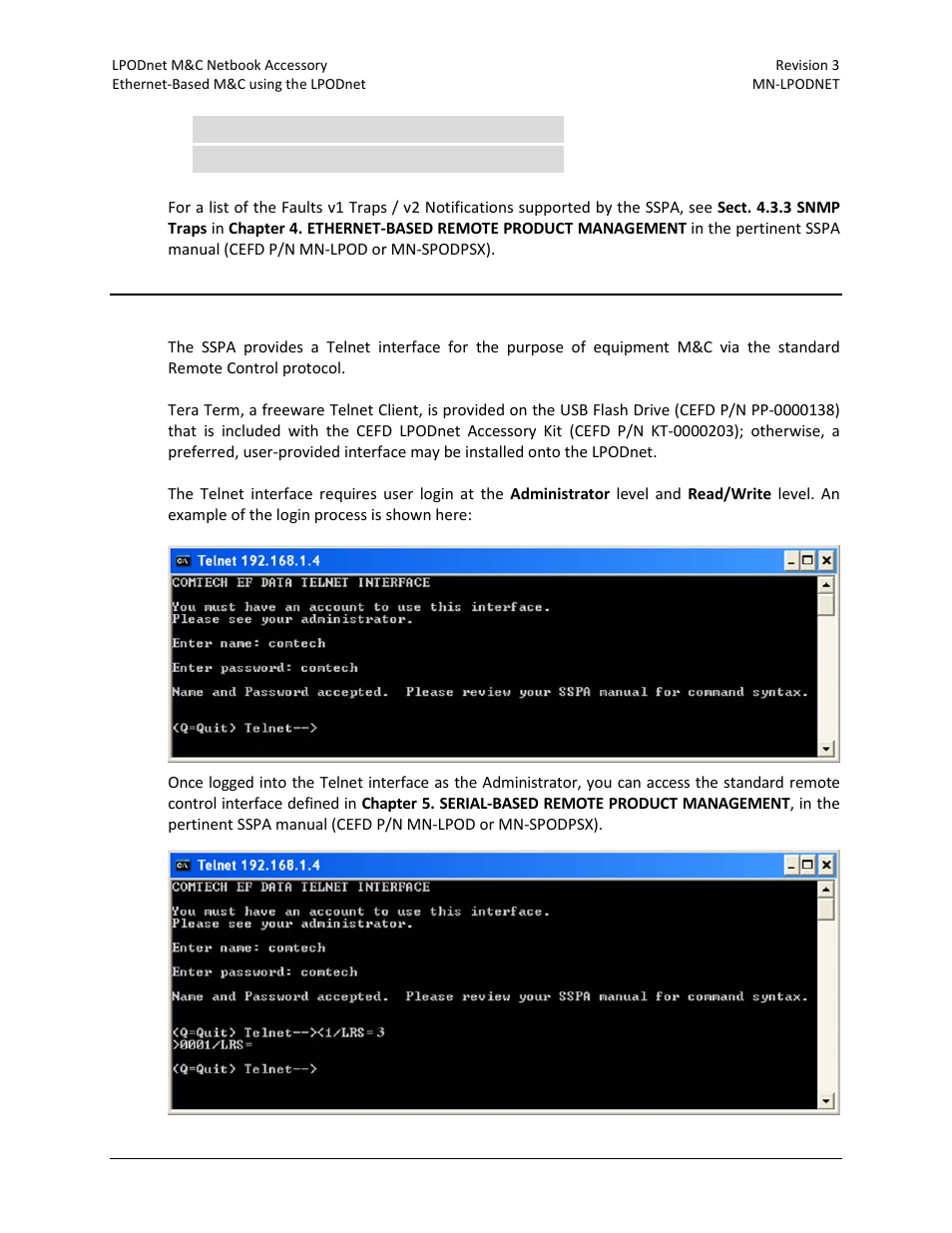 5 sspa telnet interface | Comtech EF Data LPODnet User Manual | Page 34 / 60