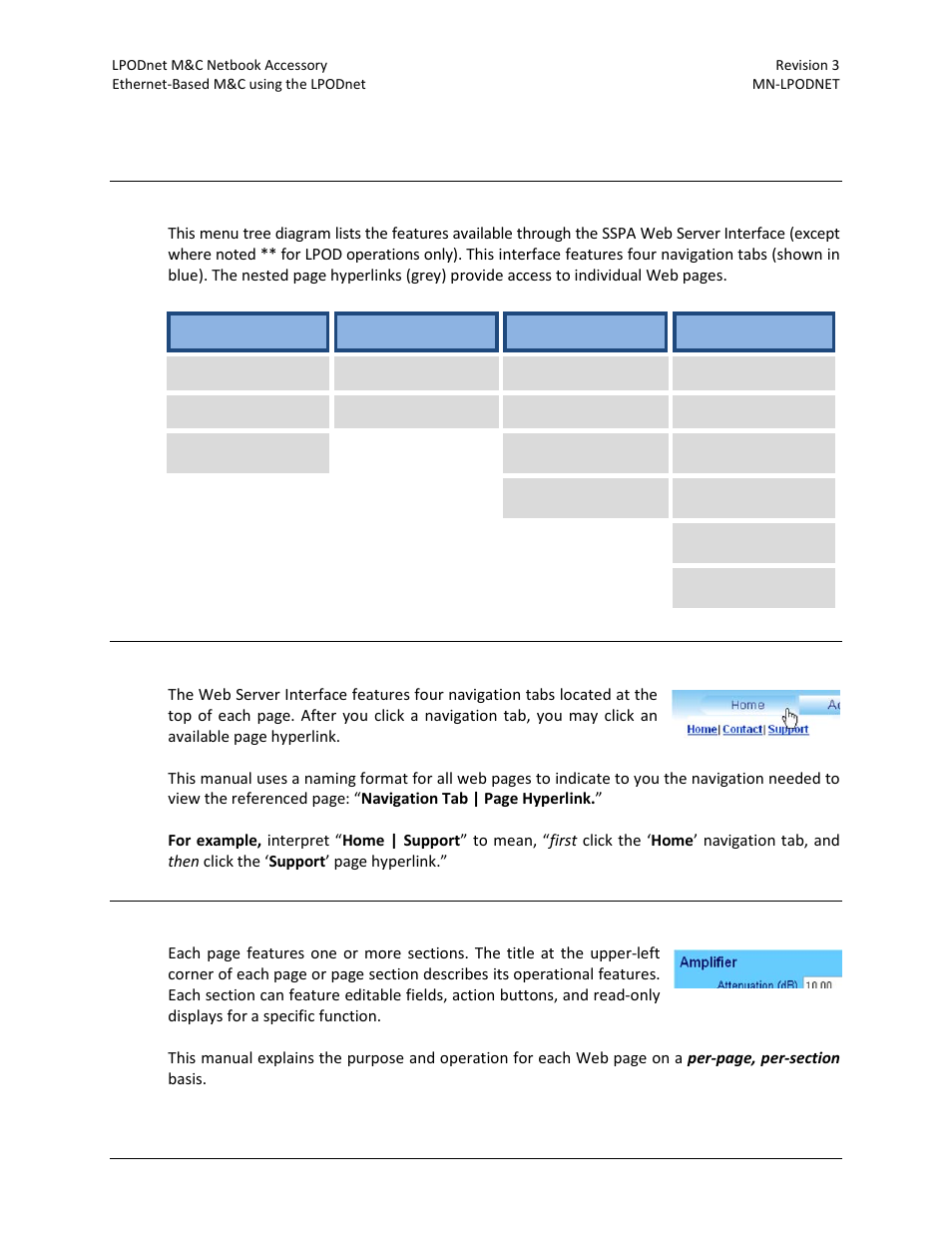 3 web server interface – operational features, 1 menu tree, 2 page navigation | Comtech EF Data LPODnet User Manual | Page 42 / 60