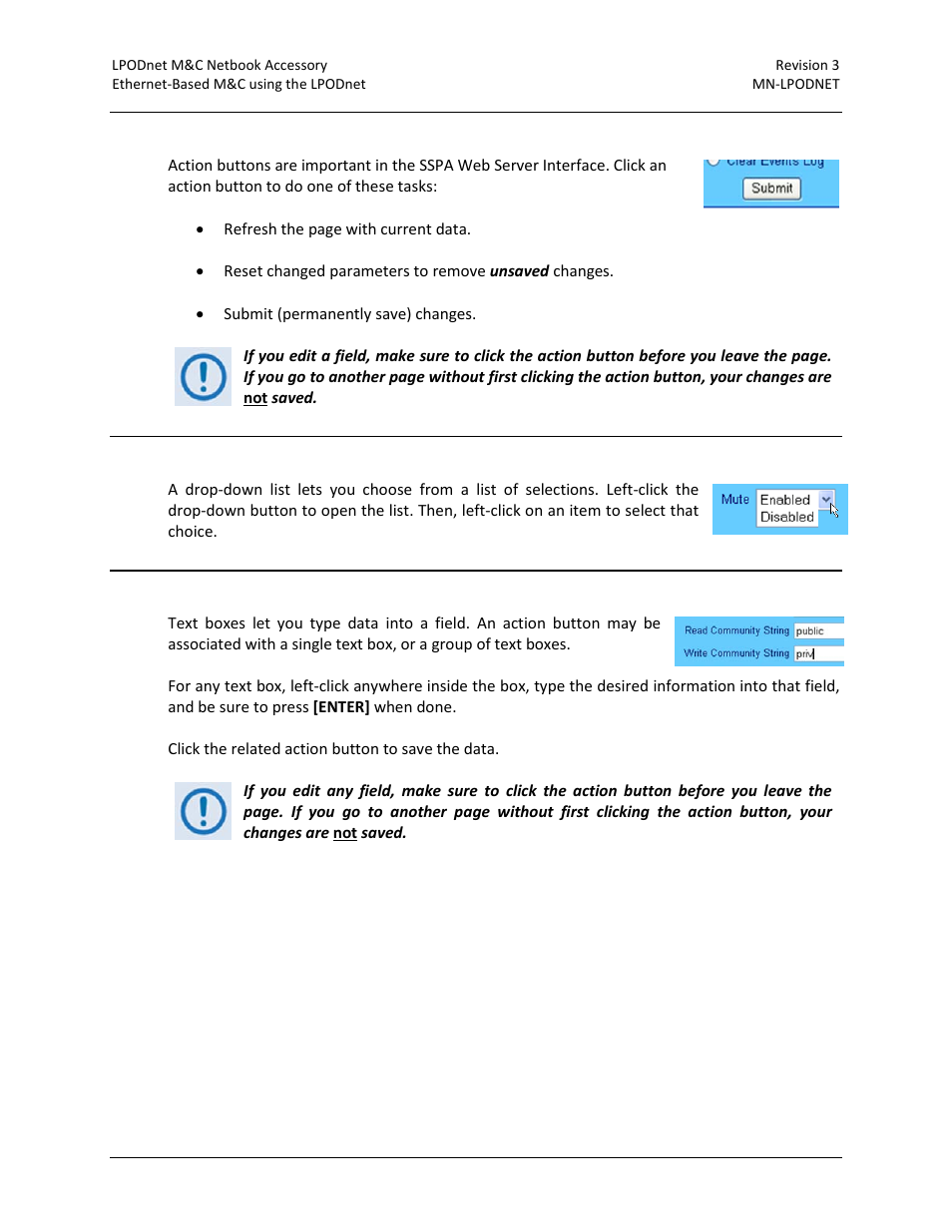 4 action buttons, 5 drop-down lists, 6 text or data entry | Comtech EF Data LPODnet User Manual | Page 43 / 60