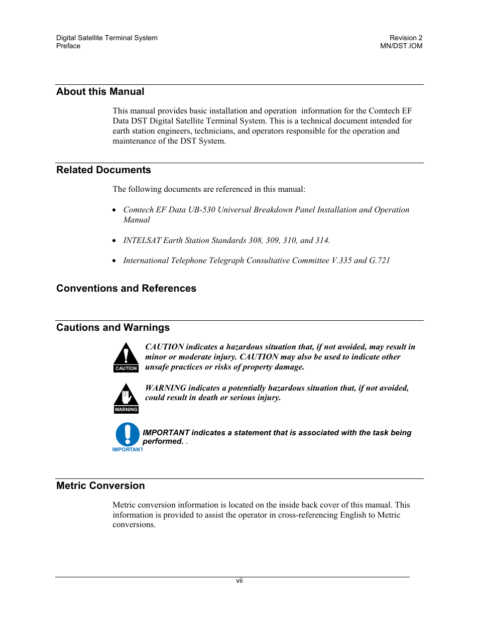 About this manual, Related documents, Conventions and references | Cautions and warnings, Metric conversion | Comtech EF Data DST User Manual | Page 11 / 66