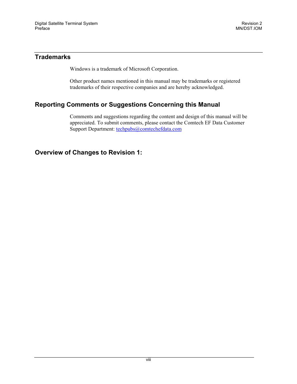 Trademarks, Overview of changes to revision 1 | Comtech EF Data DST User Manual | Page 12 / 66