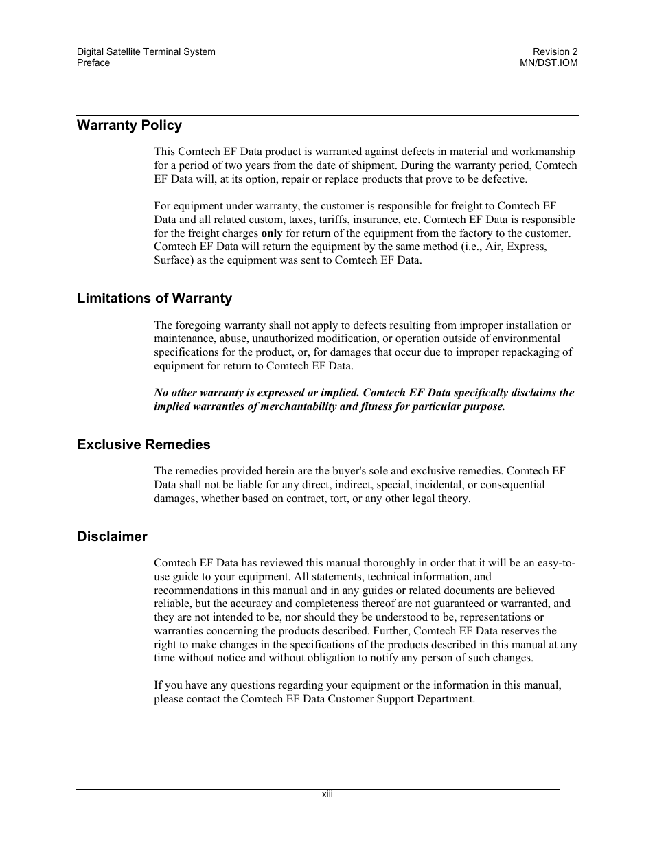 Warranty policy, Limitations of warranty, Exclusive remedies | Disclaimer | Comtech EF Data DST User Manual | Page 17 / 66