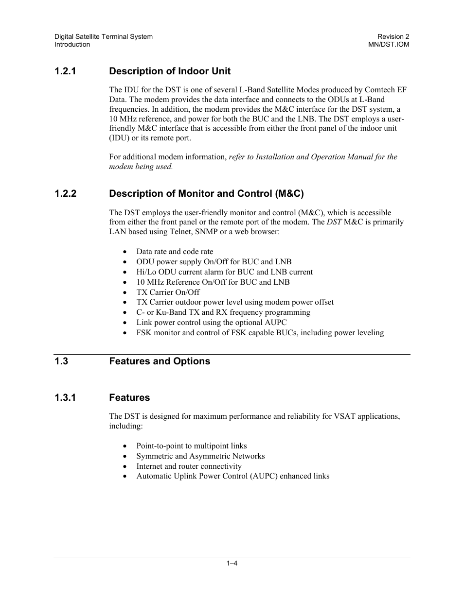 Description of indoor unit, Description of monitor and control (m&c), Features and options | Features | Comtech EF Data DST User Manual | Page 22 / 66