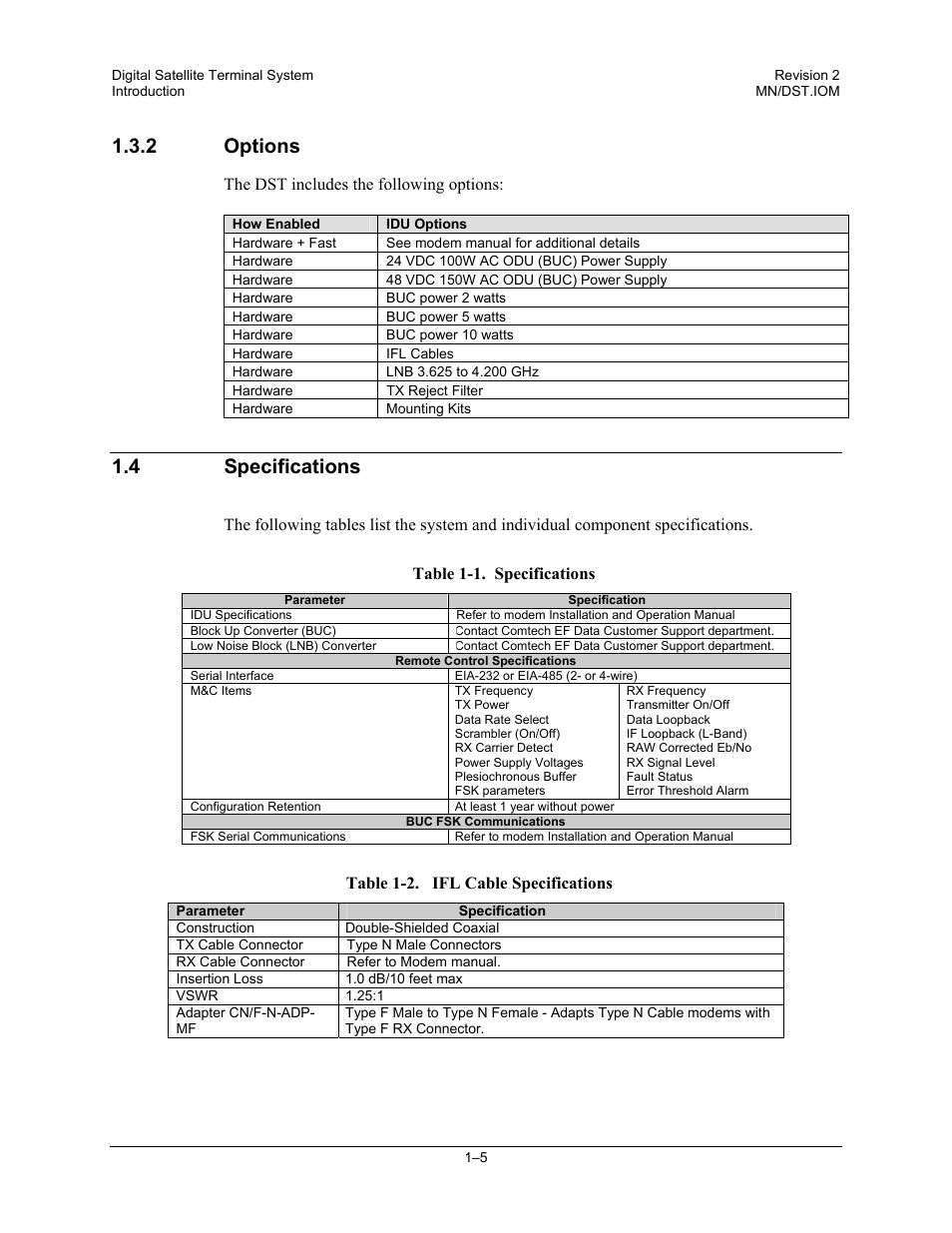 Options, Specifications, 2 options | 4 specifications | Comtech EF Data DST User Manual | Page 23 / 66