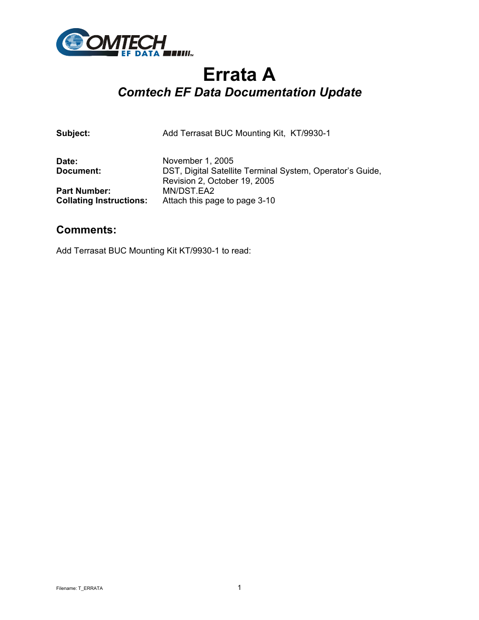 Errata a, Comtech ef data documentation update | Comtech EF Data DST User Manual | Page 3 / 66