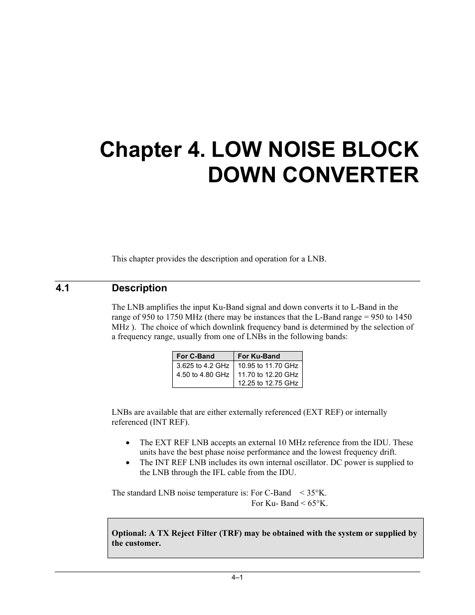 Low noise block down converter, Description, Chapter 4. low noise block down converter | Comtech EF Data DST User Manual | Page 43 / 66