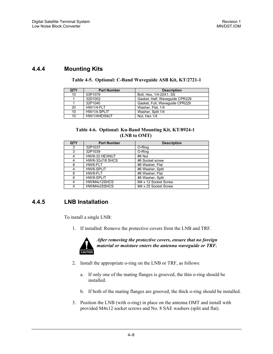 Mounting kits, Lnb installation, 4 mounting kits | 5 lnb installation | Comtech EF Data DST User Manual | Page 50 / 66