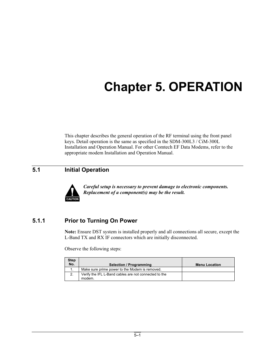 Operation, Initial operation, Prior to turning on power | Chapter 5. operation | Comtech EF Data DST User Manual | Page 53 / 66