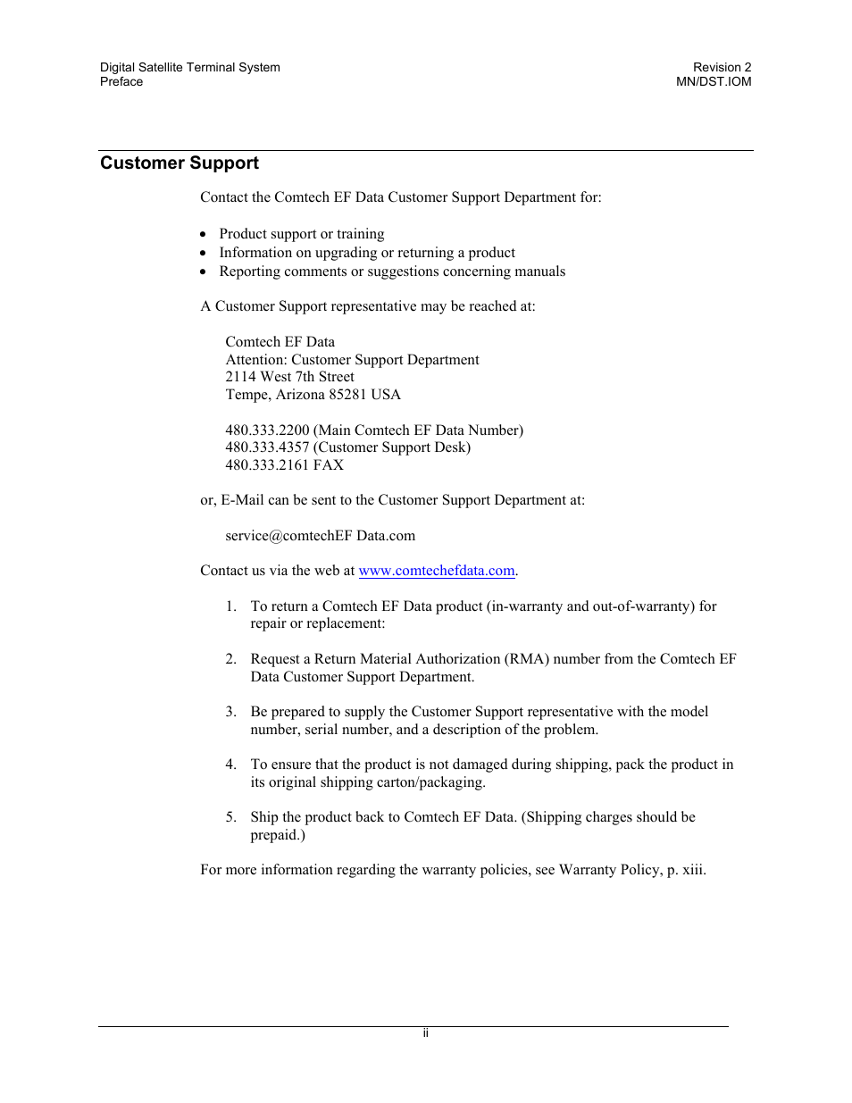 Customer support | Comtech EF Data DST User Manual | Page 6 / 66