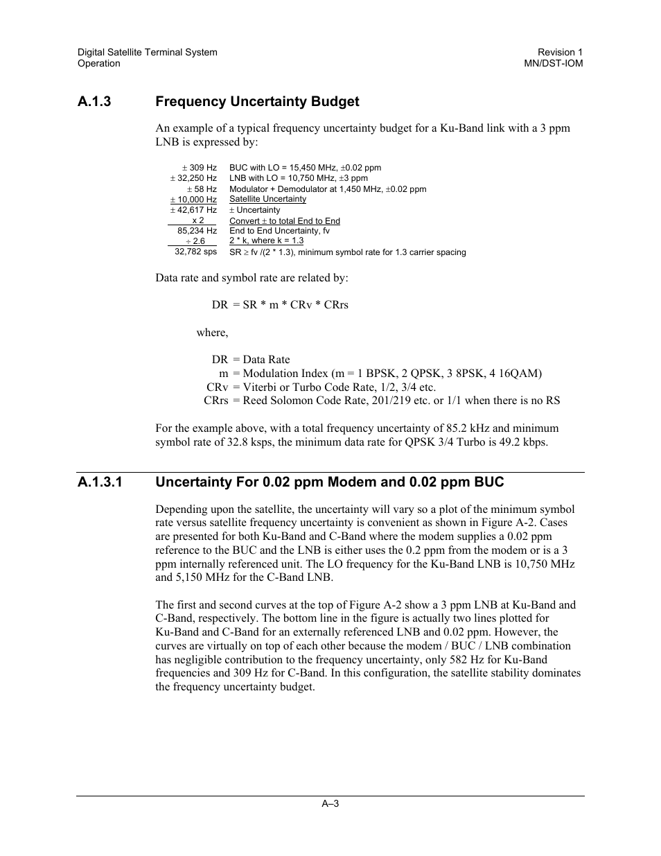 Frequency uncertainty budget, Uncertainty for 0.02 ppm modem and 0.02 ppm buc, A.1.3 frequency uncertainty budget | Comtech EF Data DST User Manual | Page 61 / 66