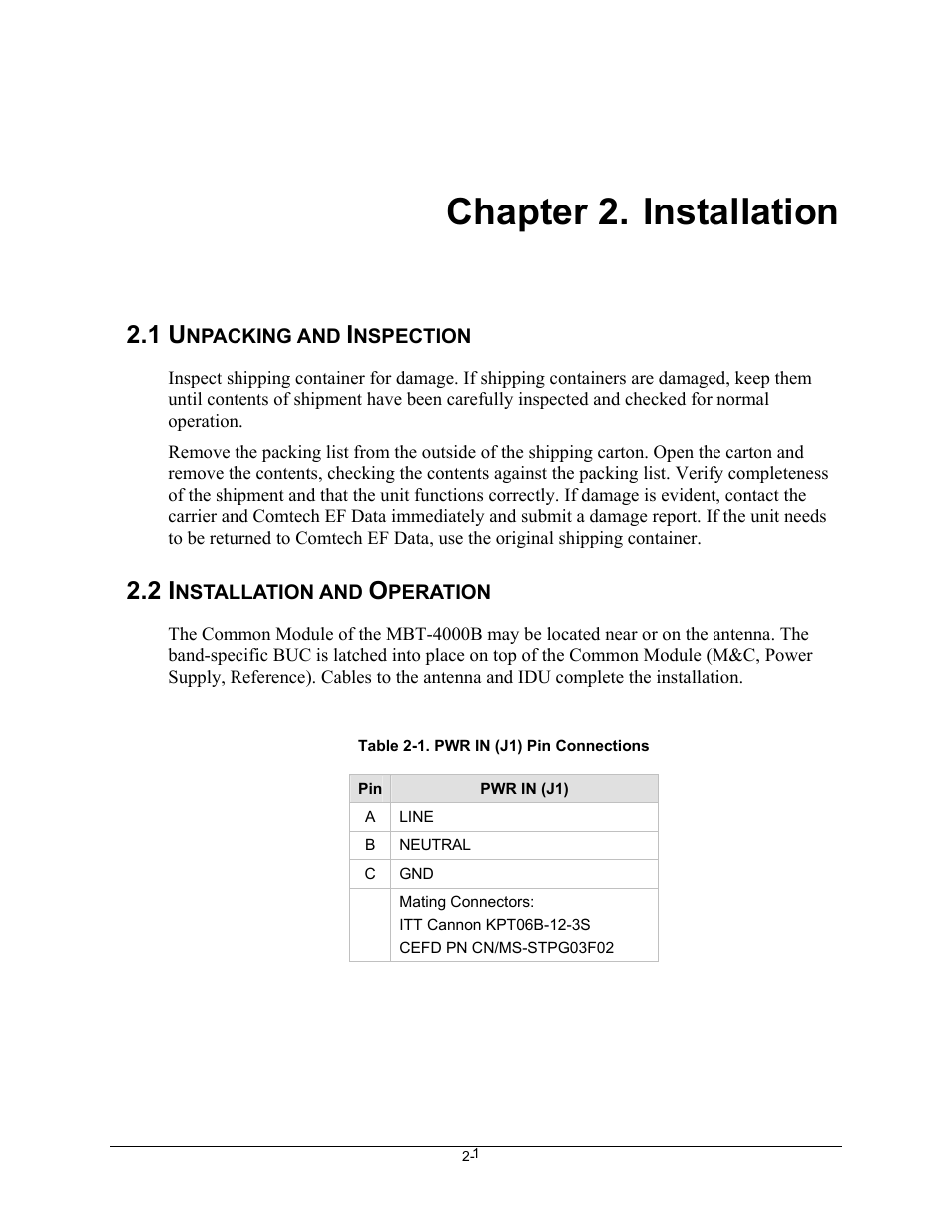 Installation, Chapter 2. installation | Comtech EF Data MBT-4000B User Manual | Page 19 / 71