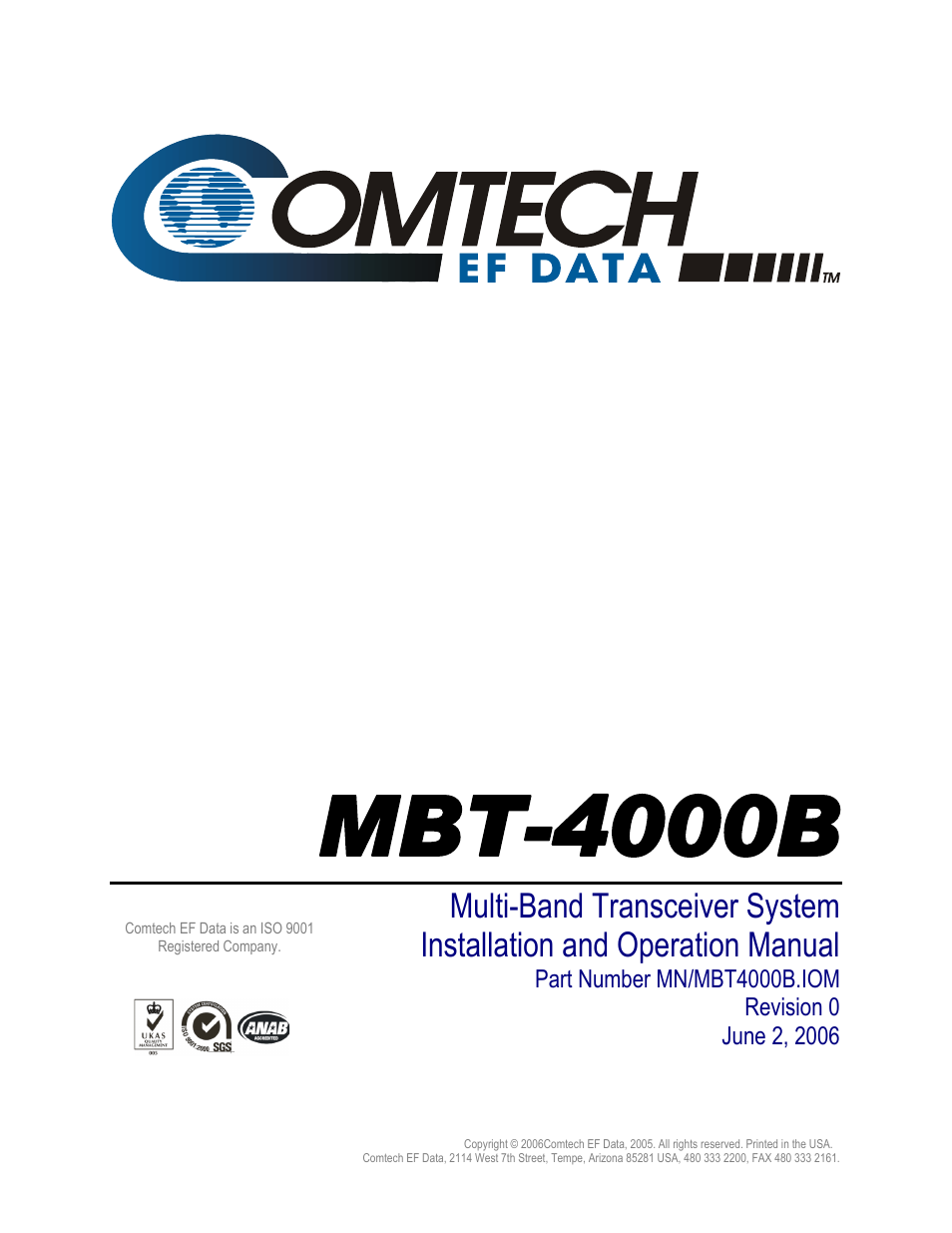 Mbt-4000b, Multi-band transceiver system, Installation and operation manual | Comtech EF Data MBT-4000B User Manual | Page 3 / 71