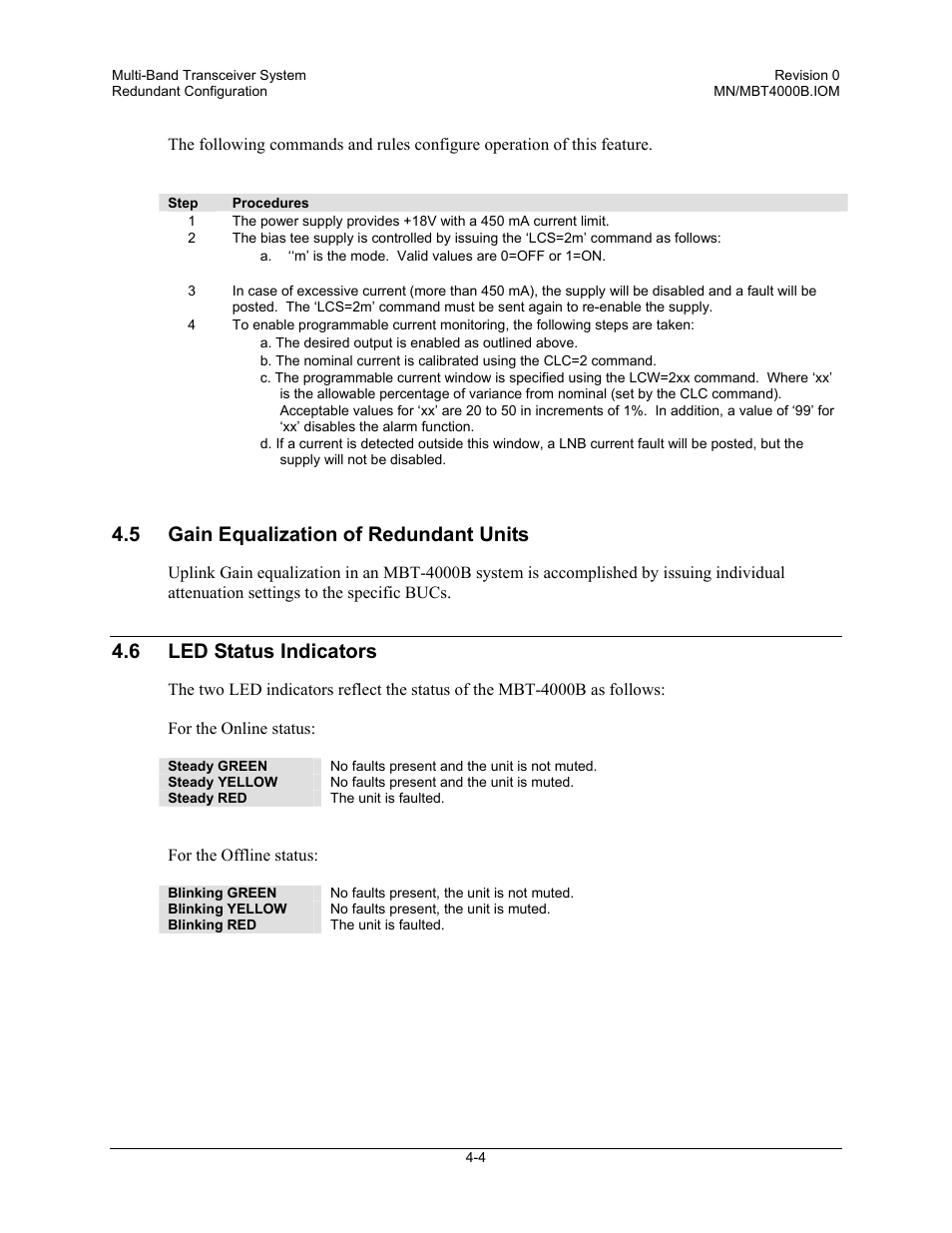 5 gain equalization of redundant units, 6 led status indicators | Comtech EF Data MBT-4000B User Manual | Page 32 / 71