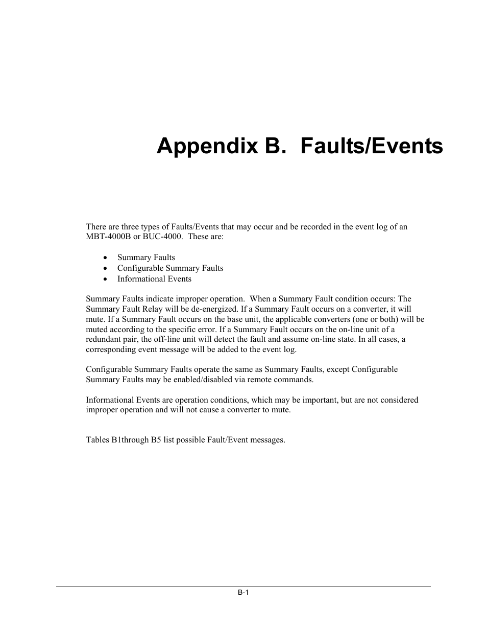 Faults events, Appendix b. faults/events | Comtech EF Data MBT-4000B User Manual | Page 66 / 71