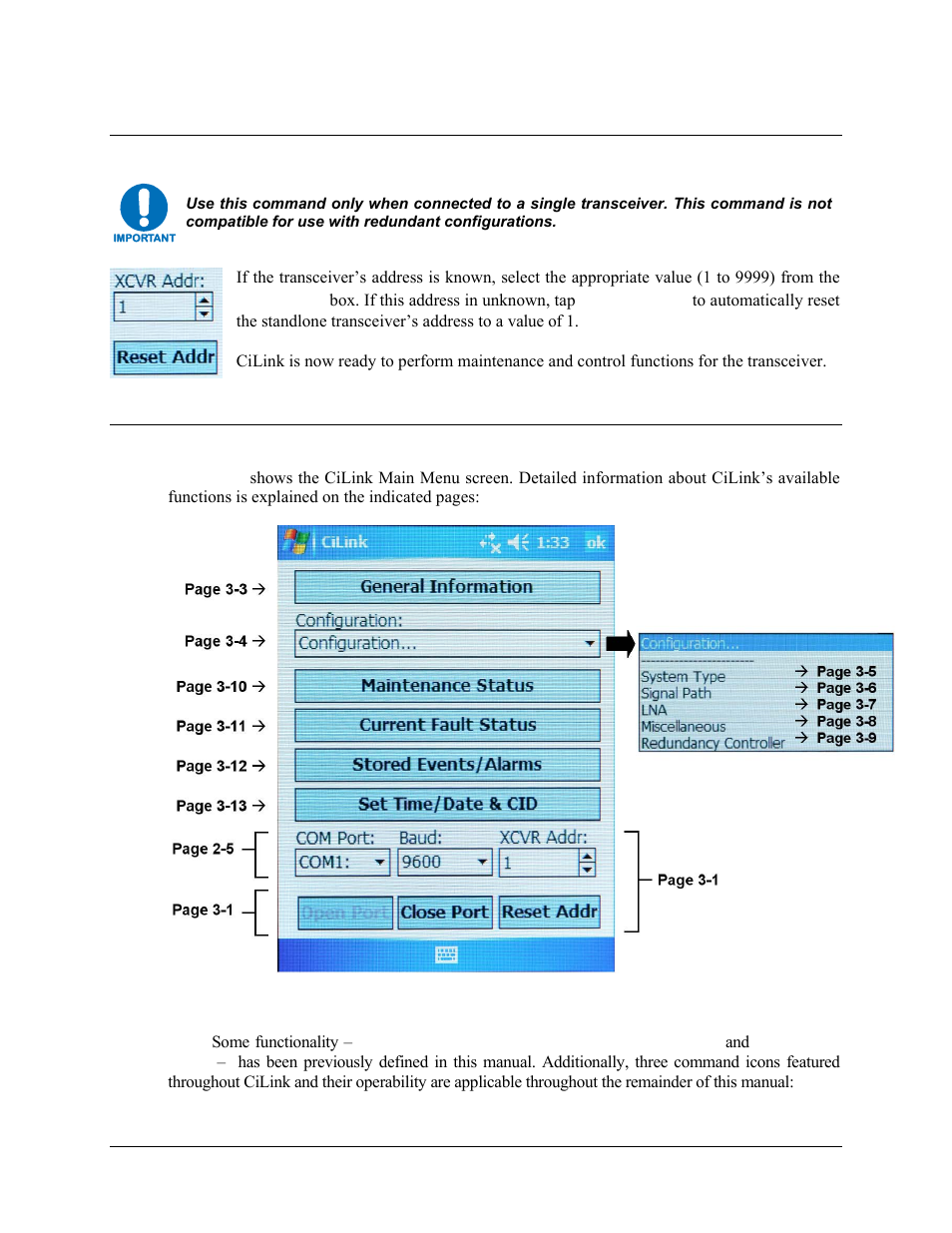 2 setting the transceiver address, 3 the cilink main menu screen | Comtech EF Data CiLink User Manual | Page 24 / 38