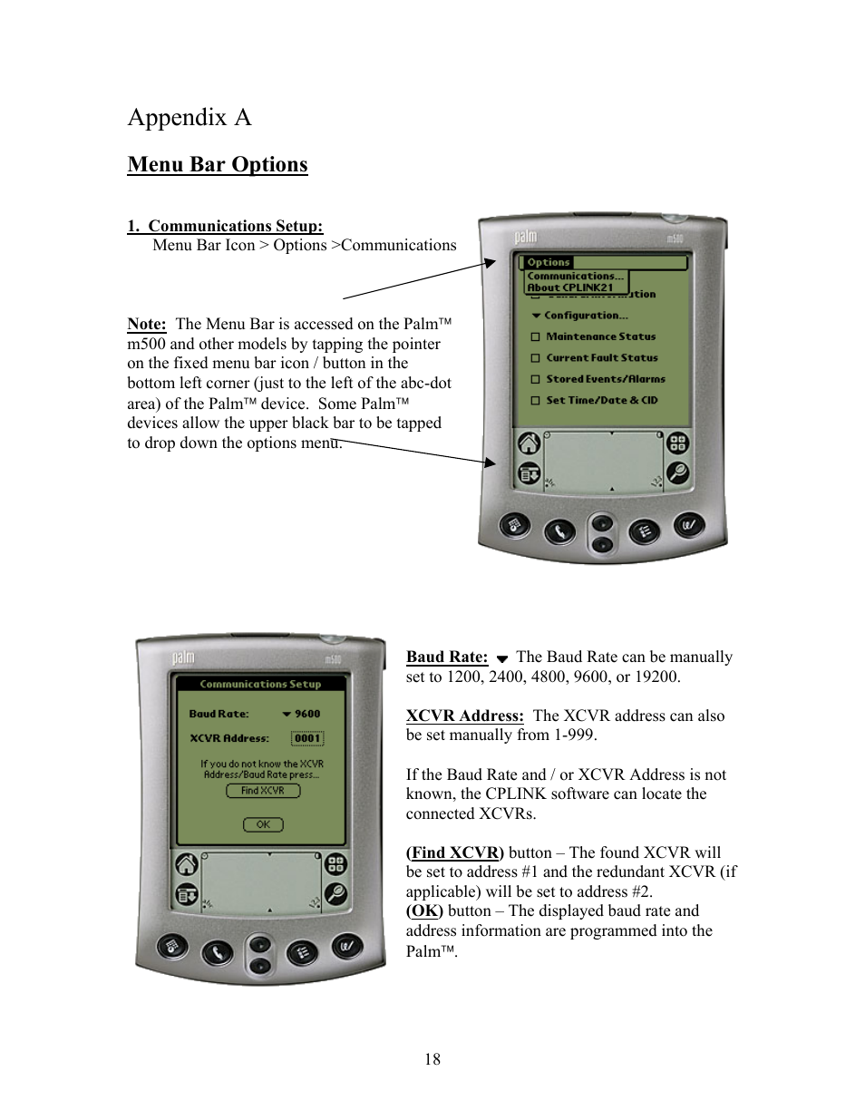 Appendix a, Communications setup, Menu bar options | Comtech EF Data CPLINK User Manual | Page 20 / 26