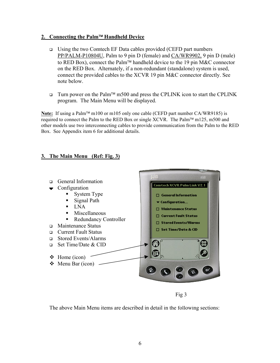 Connecting the palm( handheld device, The main menu (ref: fig. 3), Connecting the palm | Handheld device | Comtech EF Data CPLINK User Manual | Page 8 / 26