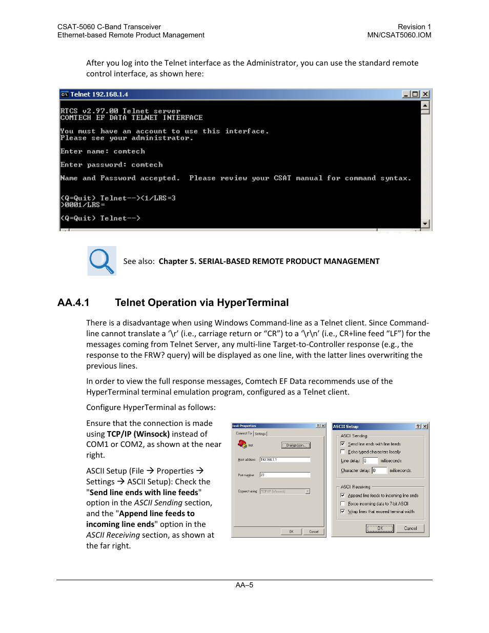 Aa.4.1 telnet operation via hyperterminal | Comtech EF Data CSAT-5060 User Manual | Page 169 / 224