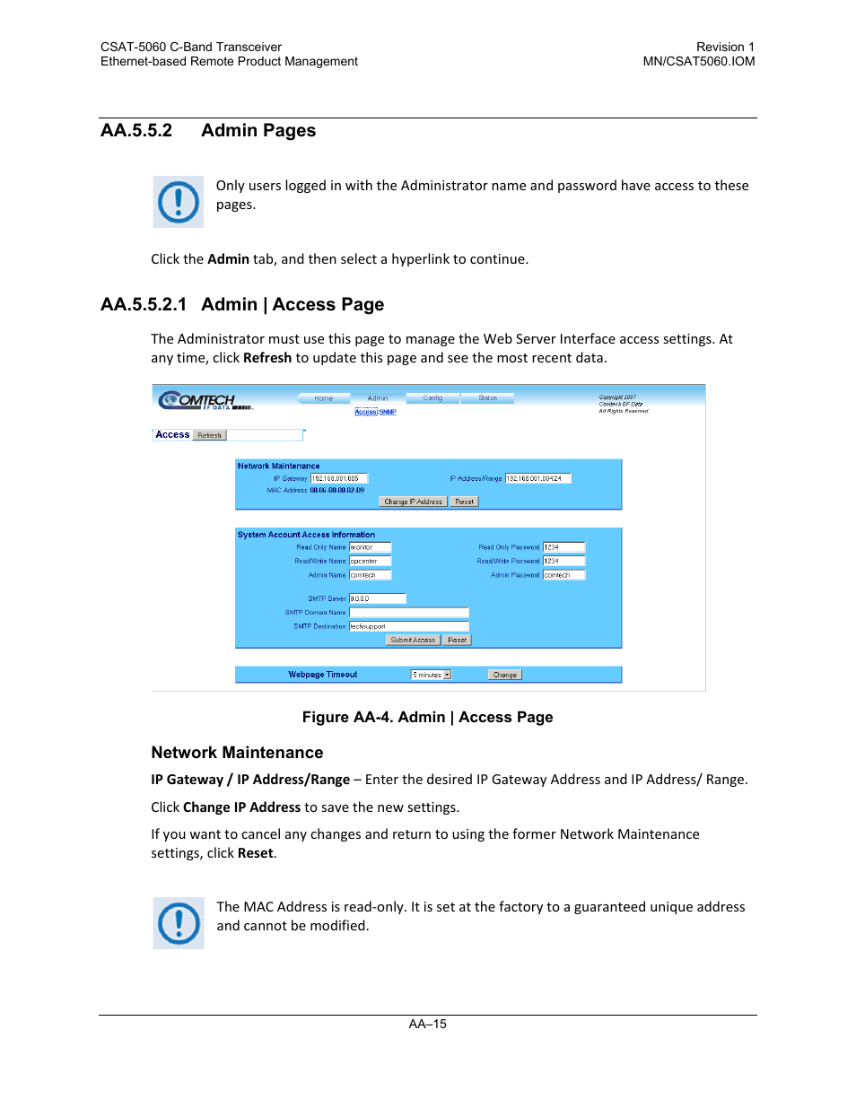 Aa.5.5.2 admin pages, Aa.5.5.2.1 admin | access page | Comtech EF Data CSAT-5060 User Manual | Page 179 / 224