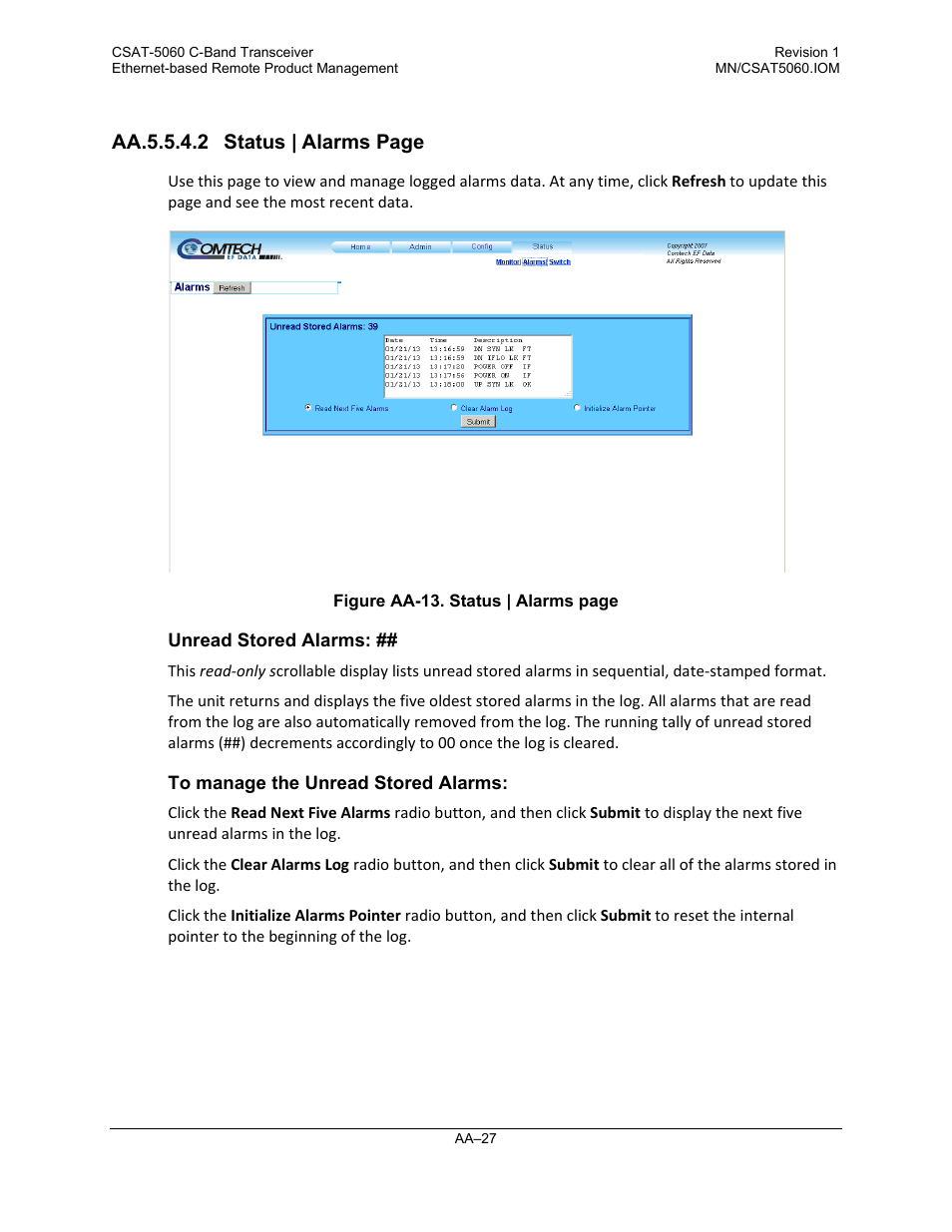 Aa.5.5.4.2 status | alarms page | Comtech EF Data CSAT-5060 User Manual | Page 191 / 224