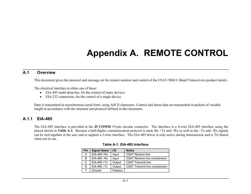 Appendix a. remote control, A.1 overview, A.1.1 eia-485 | Comtech EF Data CSAT-5060 User Manual | Page 197 / 224