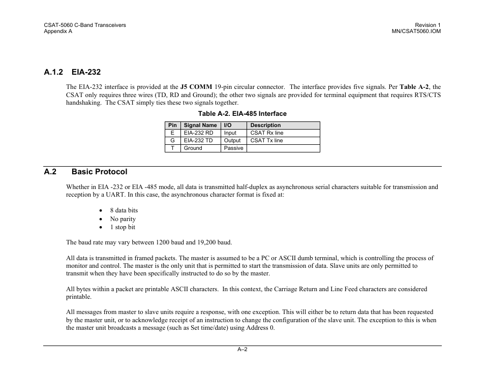 A.1.2 eia-232, A.2 basic protocol | Comtech EF Data CSAT-5060 User Manual | Page 198 / 224