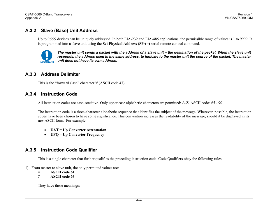 A.3.2 slave (base) unit address, A.3.3 address delimiter, A.3.4 instruction code | A.3.5 instruction code qualifier | Comtech EF Data CSAT-5060 User Manual | Page 200 / 224