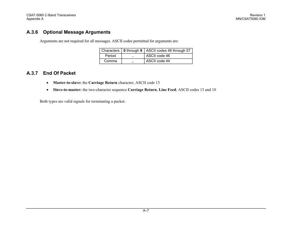 A.3.6 optional message arguments, A.3.7 end of packet | Comtech EF Data CSAT-5060 User Manual | Page 203 / 224