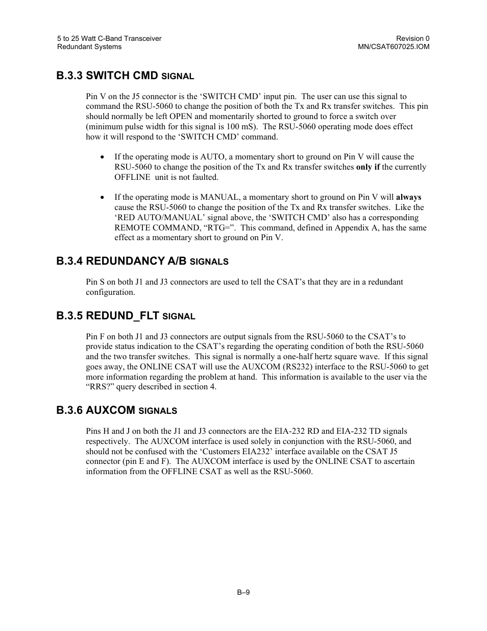 Switch cmd signal, Redundancy a/b signals, Redund_flt signal | Auxcom signals, B.3.3 switch cmd, B.3.4 redundancy a/b, B.3.5 redund_flt, B.3.6 auxcom | Comtech EF Data CSAT-6070 User Manual | Page 103 / 114