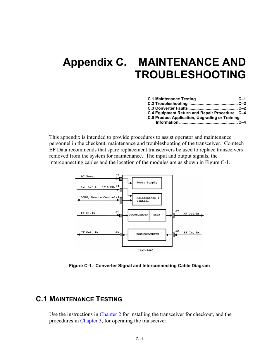 Appendix c maintenance and troubleshooting, Maintenance testing, Appendix c. maintenance and troubleshooting | C.1 m | Comtech EF Data CSAT-6070 User Manual | Page 105 / 114