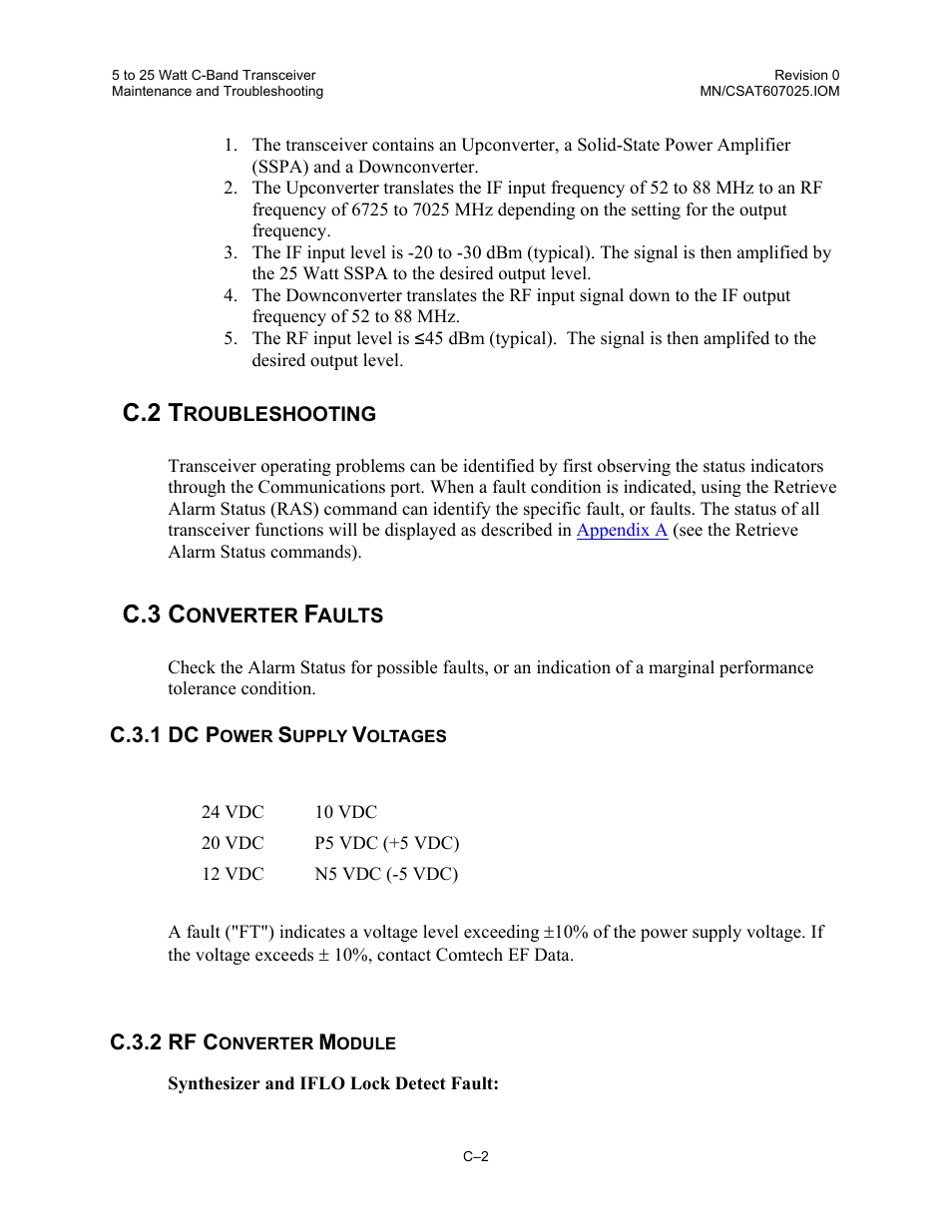 Troubleshooting, Converter faults, Dc power supply voltages | Rf converter module, C.2 t, C.3 c | Comtech EF Data CSAT-6070 User Manual | Page 106 / 114