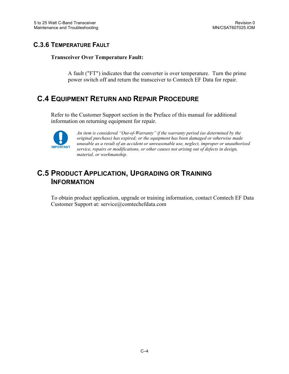 Temperature fault, Equipment return and repair procedure, C.4 e | C.5 p | Comtech EF Data CSAT-6070 User Manual | Page 108 / 114