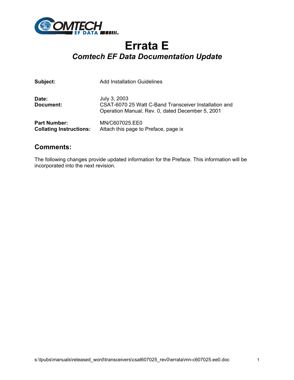 Errata e: installation guidelines, Errata e, Comtech ef data documentation update | Comtech EF Data CSAT-6070 User Manual | Page 11 / 114