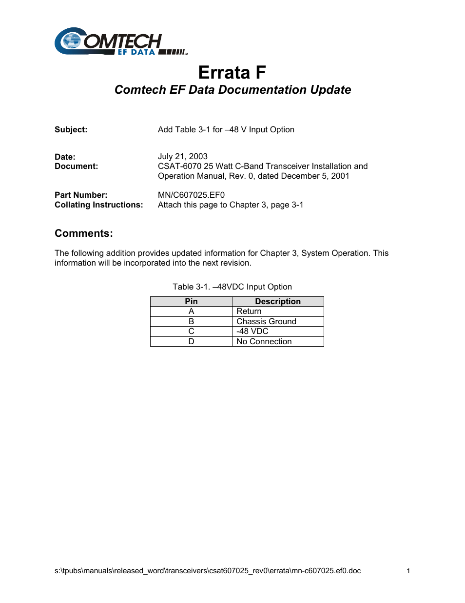 Errata f: add -48vdc input option, Errata f, Comtech ef data documentation update | Comtech EF Data CSAT-6070 User Manual | Page 13 / 114