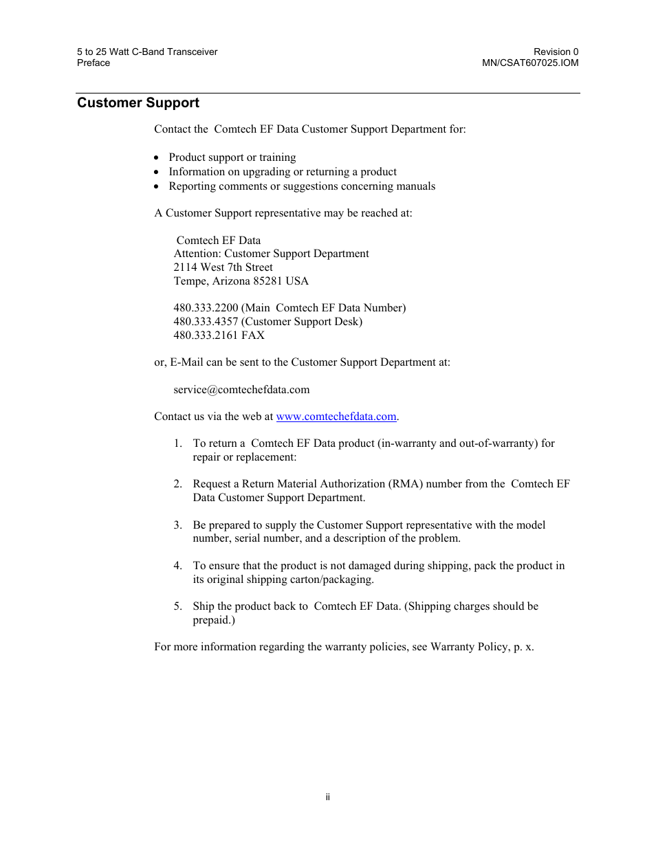 Customer support | Comtech EF Data CSAT-6070 User Manual | Page 18 / 114