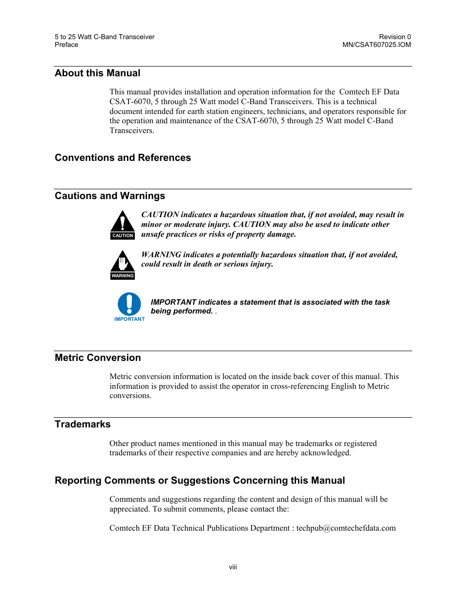 About this manual, Conventions and references, Conventions and references cautions and warnings | Metric conversion, Trademarks | Comtech EF Data CSAT-6070 User Manual | Page 24 / 114