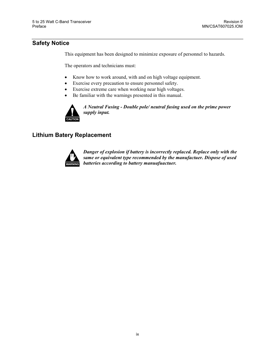 Safety notice, Lithium batery replacement | Comtech EF Data CSAT-6070 User Manual | Page 25 / 114