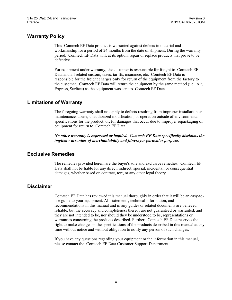 Warranty policy, Limitations of warranty, Exclusive remedies | Disclaimer | Comtech EF Data CSAT-6070 User Manual | Page 26 / 114