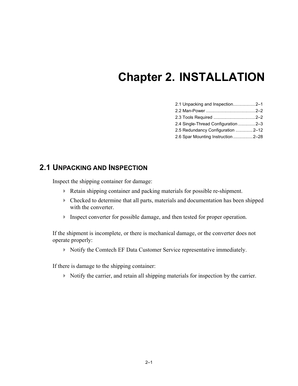 Chap 2 installation, Unpacking and inspection, Chapter 2. installation | Comtech EF Data CSAT-6070 User Manual | Page 35 / 114