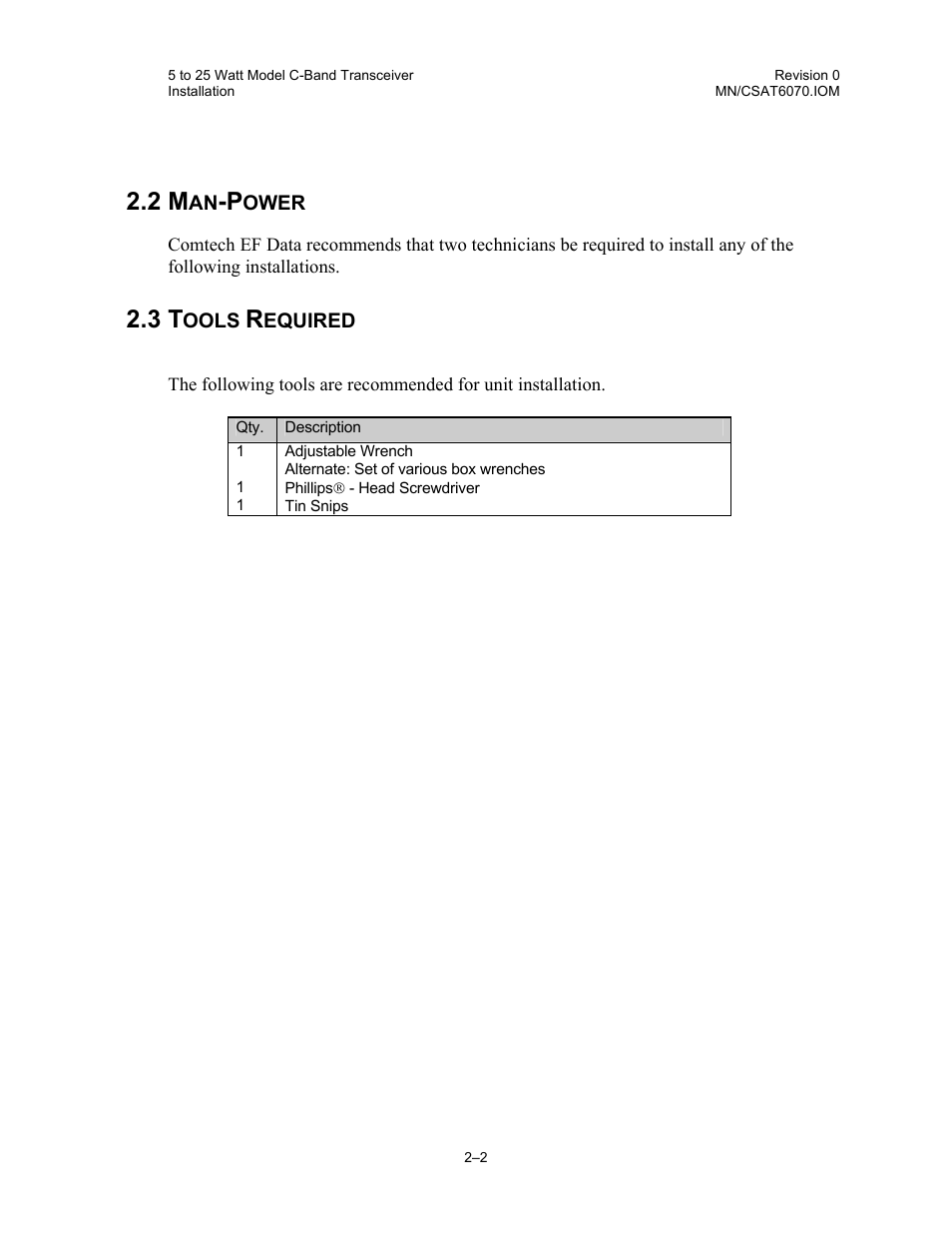 Man-power, Tools required | Comtech EF Data CSAT-6070 User Manual | Page 36 / 114