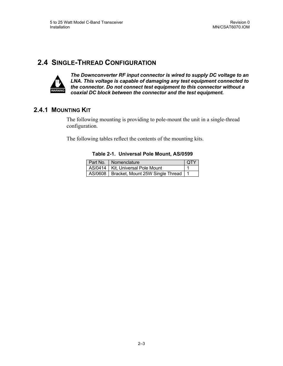 Single-thread configuration, Mounting kit | Comtech EF Data CSAT-6070 User Manual | Page 37 / 114