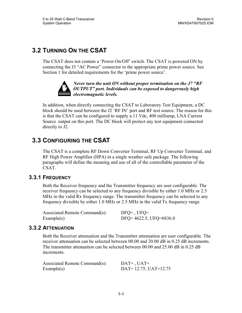 Turning on the csat, Configuring the csat, Frequency | Attenuation, Csat | Comtech EF Data CSAT-6070 User Manual | Page 67 / 114