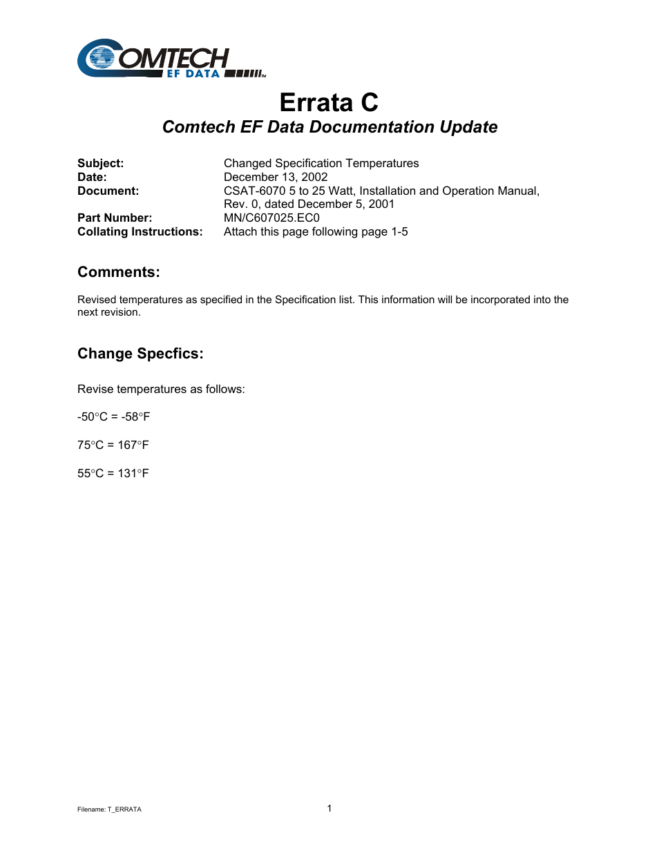 Errata c: temperature specifications, Errata c, Comtech ef data documentation update | Comtech EF Data CSAT-6070 User Manual | Page 7 / 114