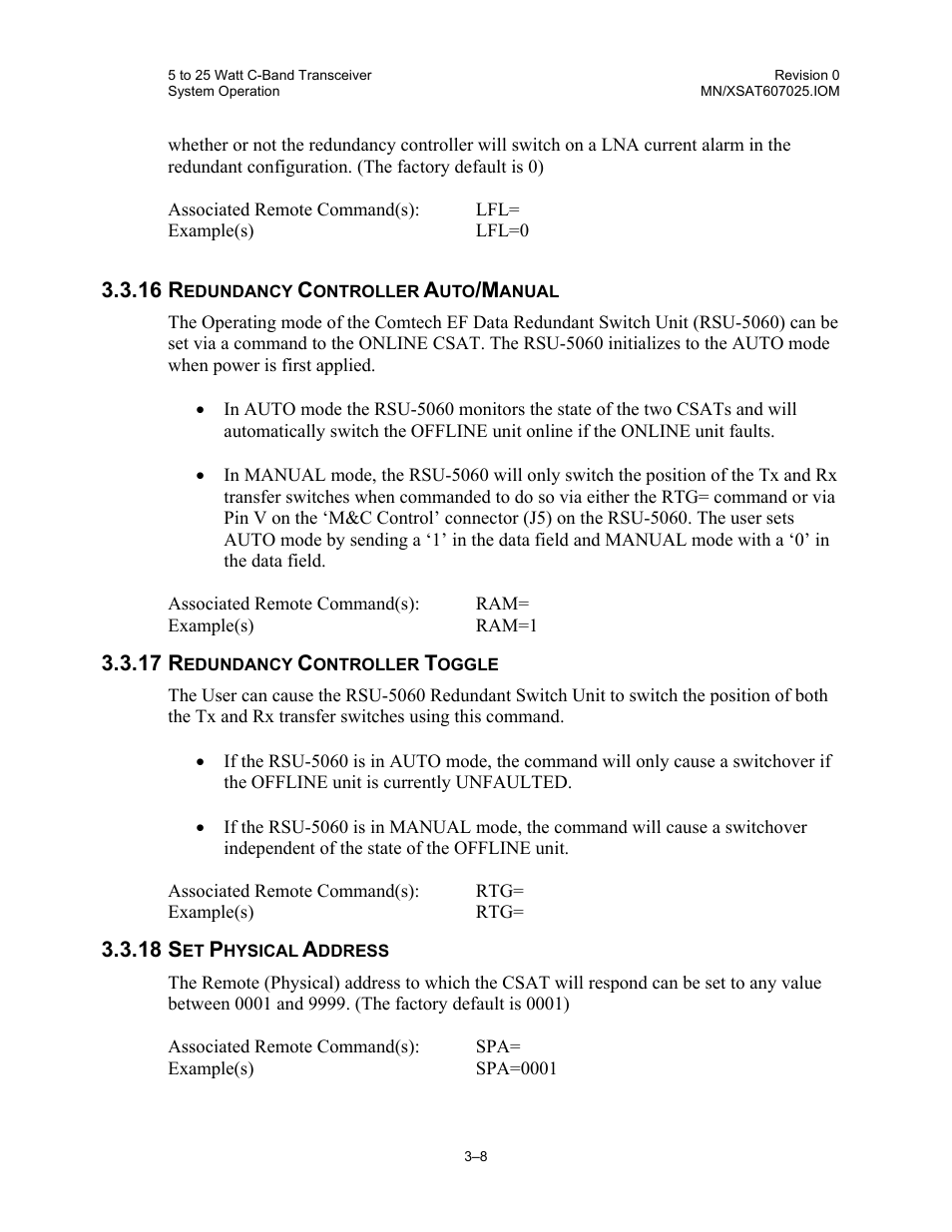 Redundancy controller auto/manual, Redundancy controller toggle, Set physical address | Comtech EF Data CSAT-6070 User Manual | Page 72 / 114