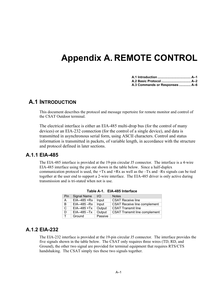 Appendix a remote control, Introduction, Eia-485 | Eia-232, Appendix a. remote control, A.1 i | Comtech EF Data CSAT-6070 User Manual | Page 75 / 114