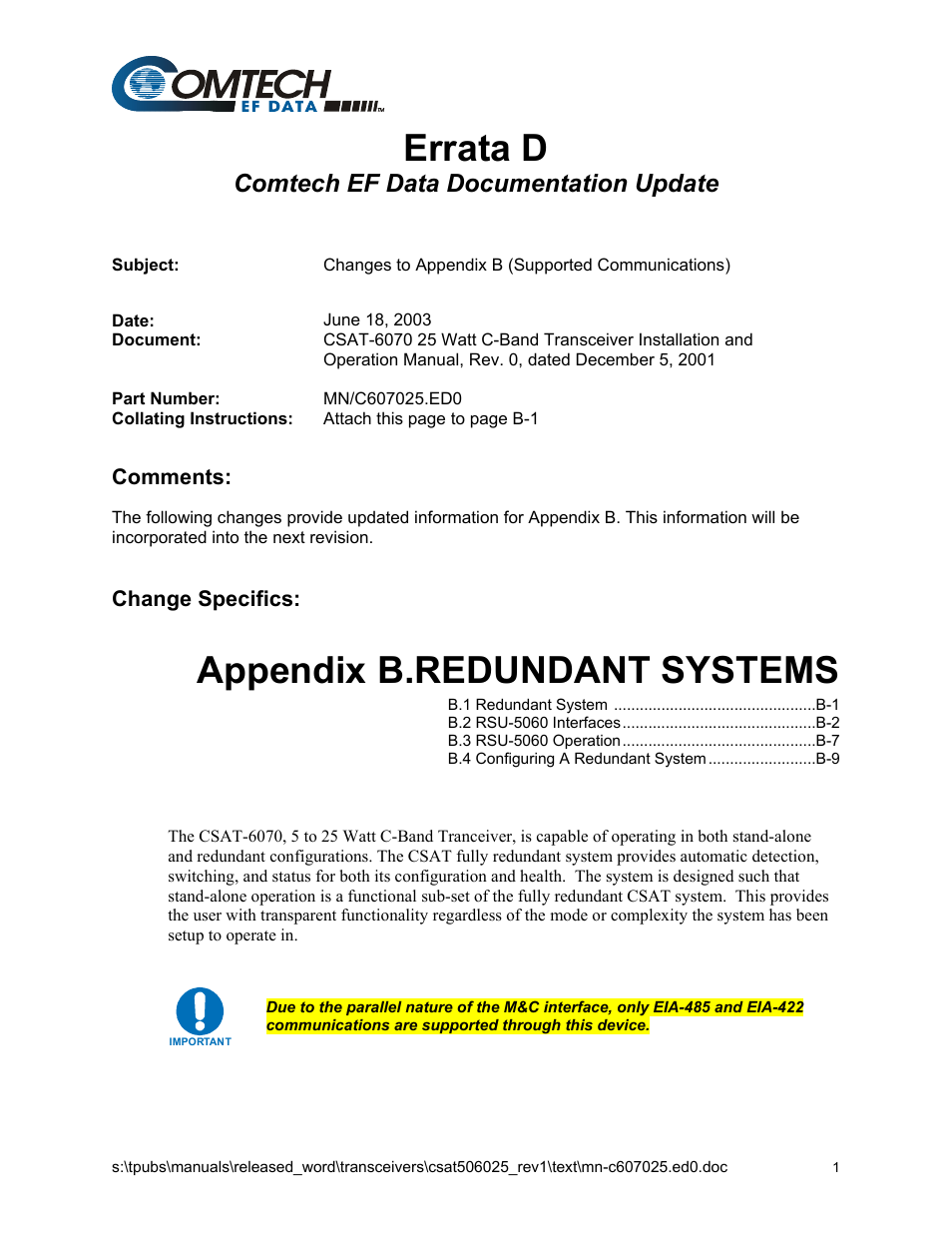 Errata d: supported communications, Errata d, Appendix b.redundant systems | Comtech ef data documentation update | Comtech EF Data CSAT-6070 User Manual | Page 9 / 114