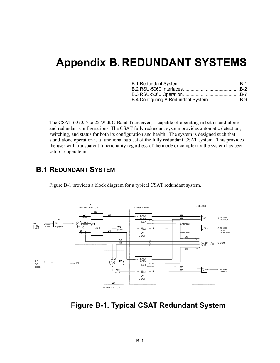 Appendix b redundant systems, Redundant system, Appendix b. redundant systems | B.1 r, Figure b-1. typical csat redundant system, Edundant, Ystem | Comtech EF Data CSAT-6070 User Manual | Page 95 / 114