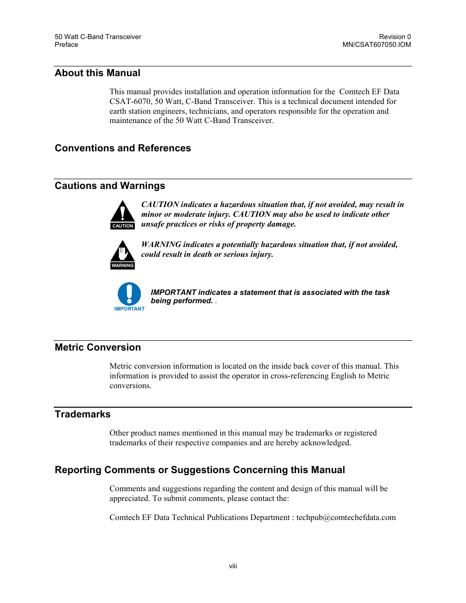 About this manual, Conventions and references, Conventions and references cautions and warnings | Metric conversion, Trademarks | Comtech EF Data CSAT-6070 User Manual | Page 16 / 102