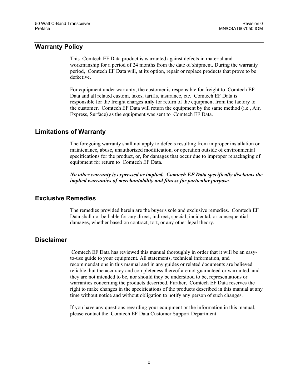 Warranty policy, Limitations of warranty, Exclusive remedies | Disclaimer | Comtech EF Data CSAT-6070 User Manual | Page 18 / 102